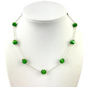 Green Tiger's Eye Bead Station Necklace | NWOT Sterling Silver 925 | 15.5"